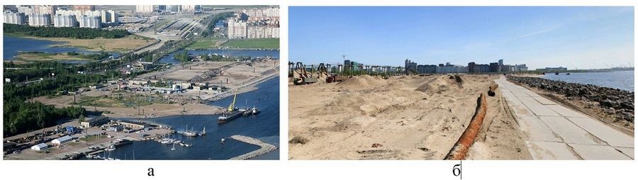 Бывшая пескобаза между берегом моря и лагунно-лиманным озером Лахтинский Разлив, территория которой была выбрана для строительства «Лахта Центра»