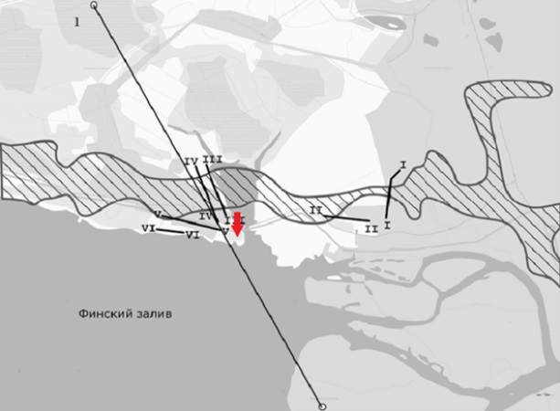 Погребенная палеодолина (показана штриховкой) находится к северу от площадки строительства комплекса «Лахта Центр»