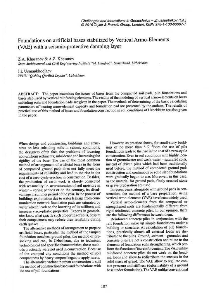 «Foundations on artificial bases stabilized by Vertical Armo-Elements»